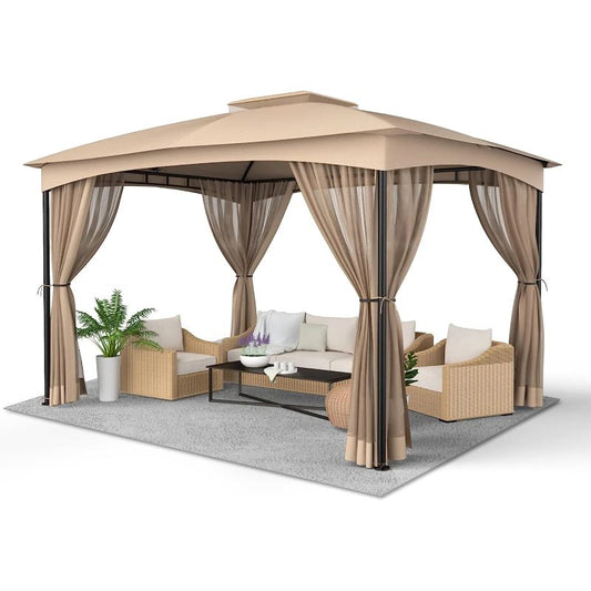 DikaSun Outdoor Patio Gazebo 10 x 12 Steel Frame Double Tiers Canopy Top and Curtains Netting, Beige