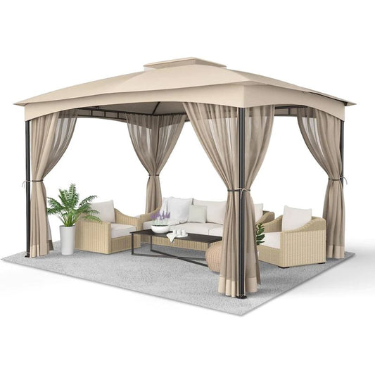 DikaSun Outdoor Patio Gazebo 10 x 12 Steel Frame Double Tiers Canopy Top and Curtains Netting, Sand