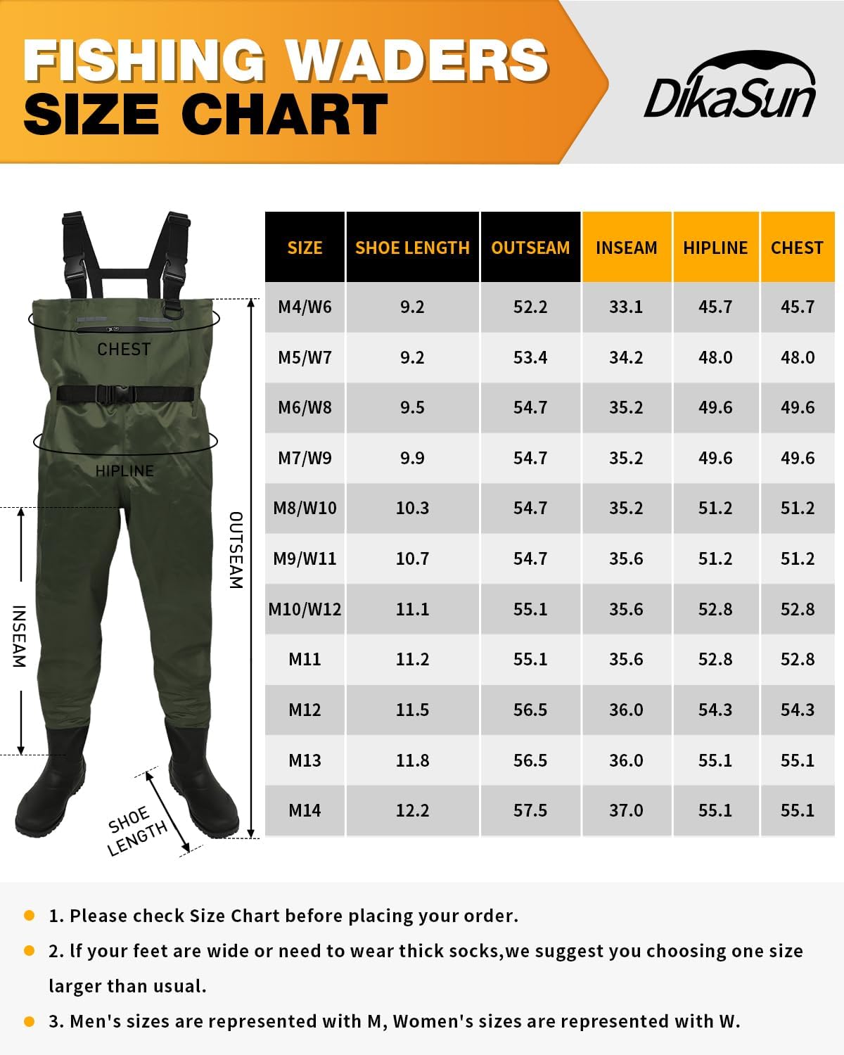 DikaSun Waterproof Fishing Waders for Men Women,Chest Wader with Boots for Duck Hunting & Fly Fishing| Lightweight Bootfoot Waders,US Size,Dark Green