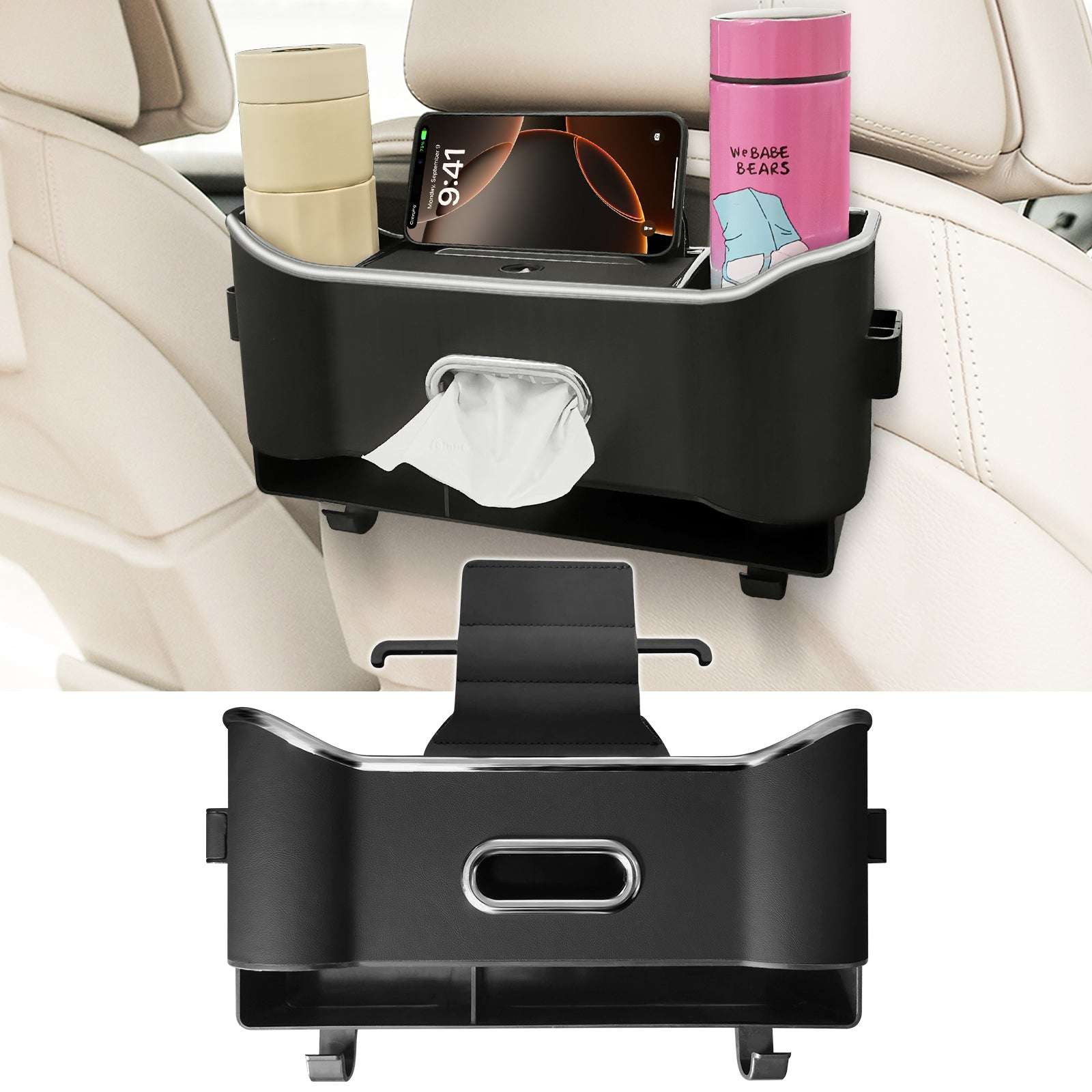 Car Seat Back Storage Box, Multifunctional Headrest Backseat Organizer with Tissue Box