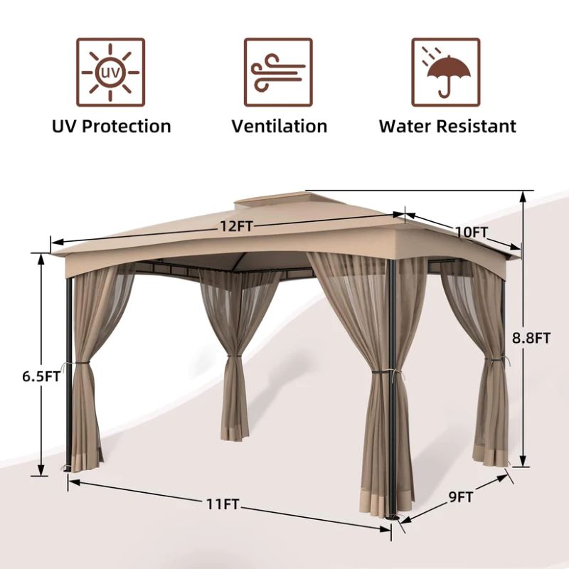 DikaSun Outdoor Patio Gazebo 10 x 12 Steel Frame Double Tiers Canopy Top and Curtains Netting, Beige