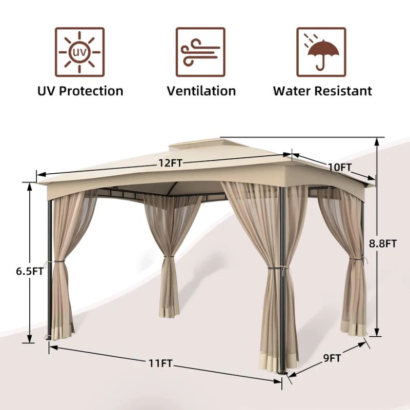 DikaSun Outdoor Patio Gazebo 10 x 12 Steel Frame Double Tiers Canopy Top and Curtains Netting, Sand