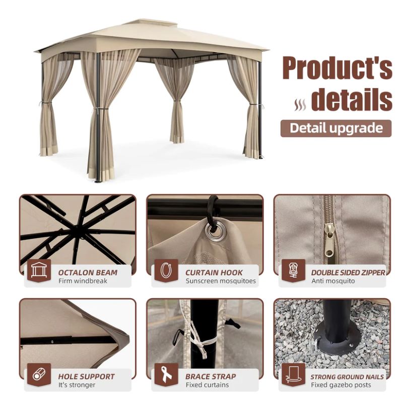 DikaSun Outdoor Patio Gazebo 10 x 12 Steel Frame Double Tiers Canopy Top and Curtains Netting, Sand