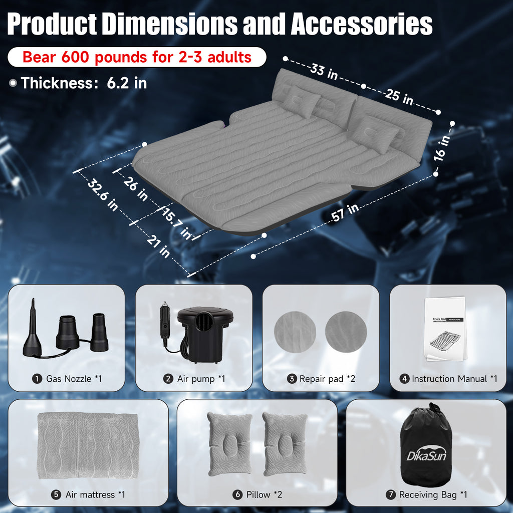 DikaSun Universal SUV Air Mattress – Upgraded Flocking, Extra-Thick Oxford Surface, with Electric Pump & 3M Charging Cable (Grey）)