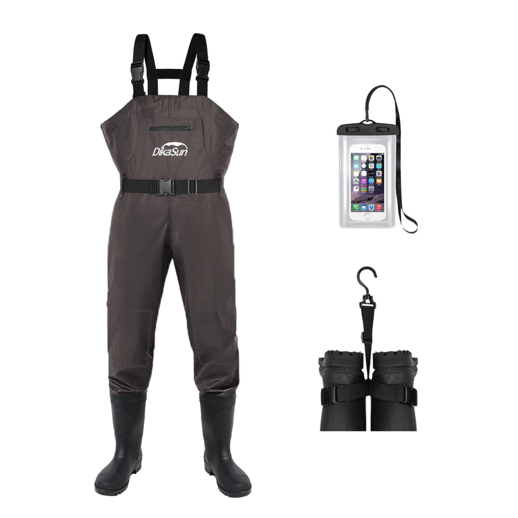 DikaSun Waterproof Fishing Waders for Men Women,Chest Wader with Boots for Duck Hunting & Fly Fishing| Lightweight Bootfoot Waders,US Size,Brown