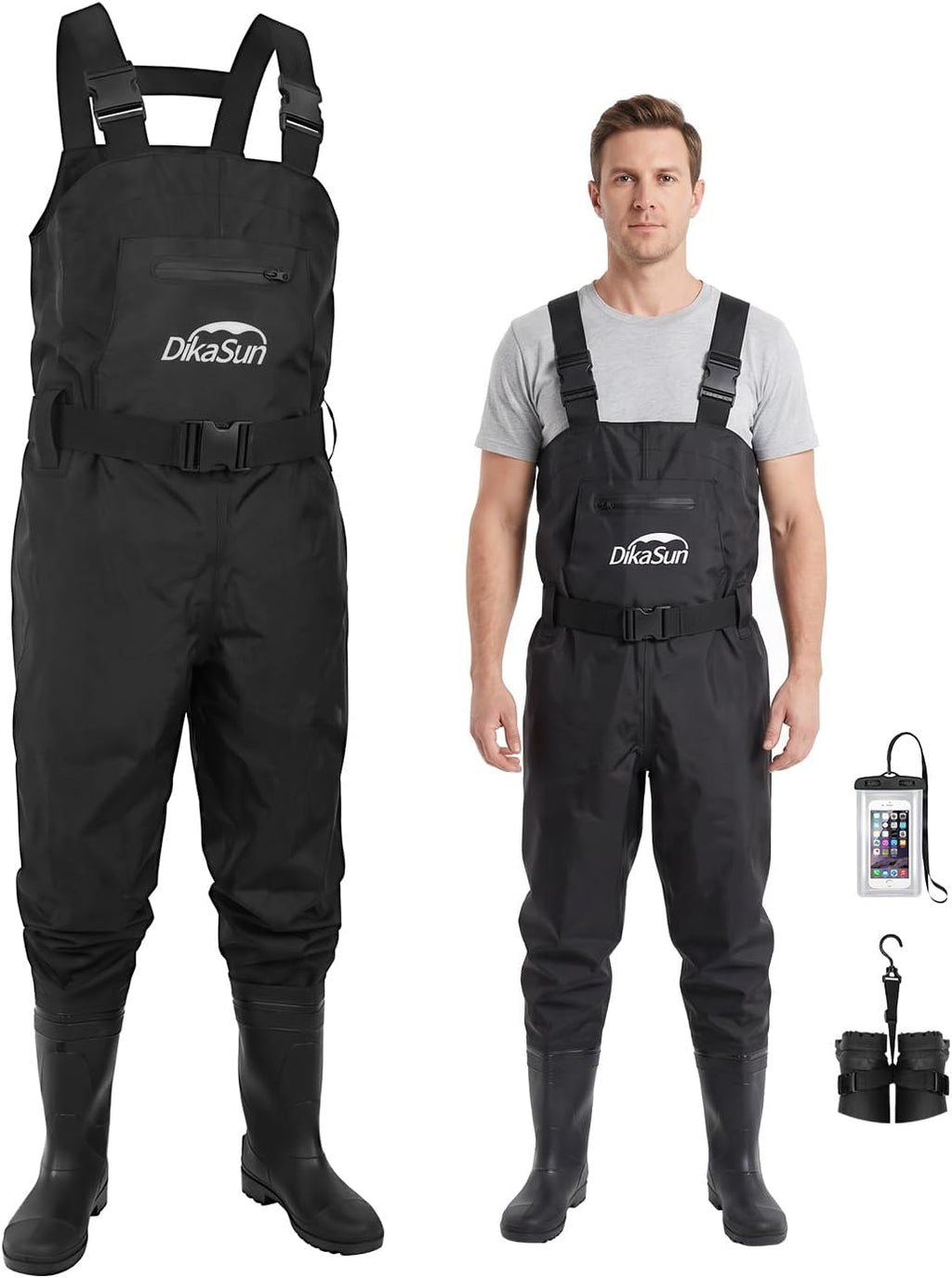 Fishing Waders for Men & Women, Waterproof Bootfoot Chest Waders 600D 2-Ply Nylon/PVC, Lightweight Waders for Garden & Farm, Anti-Slip Built-in Boots, Adjustable Suspenders, Boot Hanger