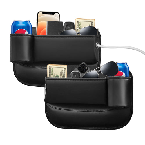 2 Pack Car Seat Gap Filler Organizer with Cup Holders, Universal Fit Leather Storage Box for Car,SUV,Truck