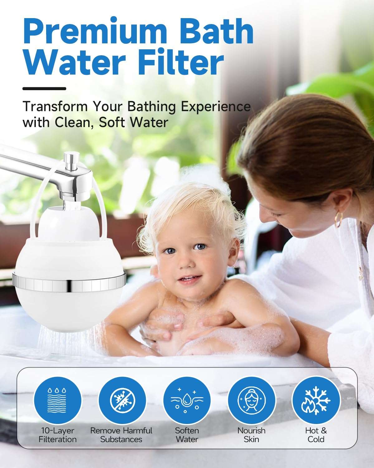 Premium Tub Faucet Bath Water Filter with Overflow – 2,500-Gallon Chlorine & Fluoride Removal Hard-Water Softener for Healthier Skin, Hair & Nails