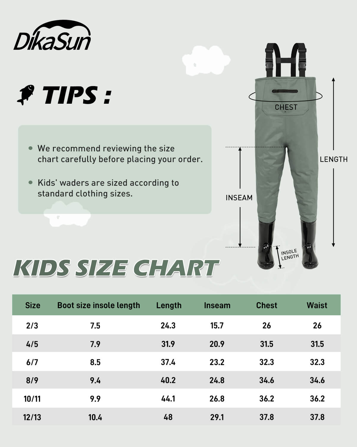 Green Children Youth Kids Fishing Hunting Chest Wader with Boots