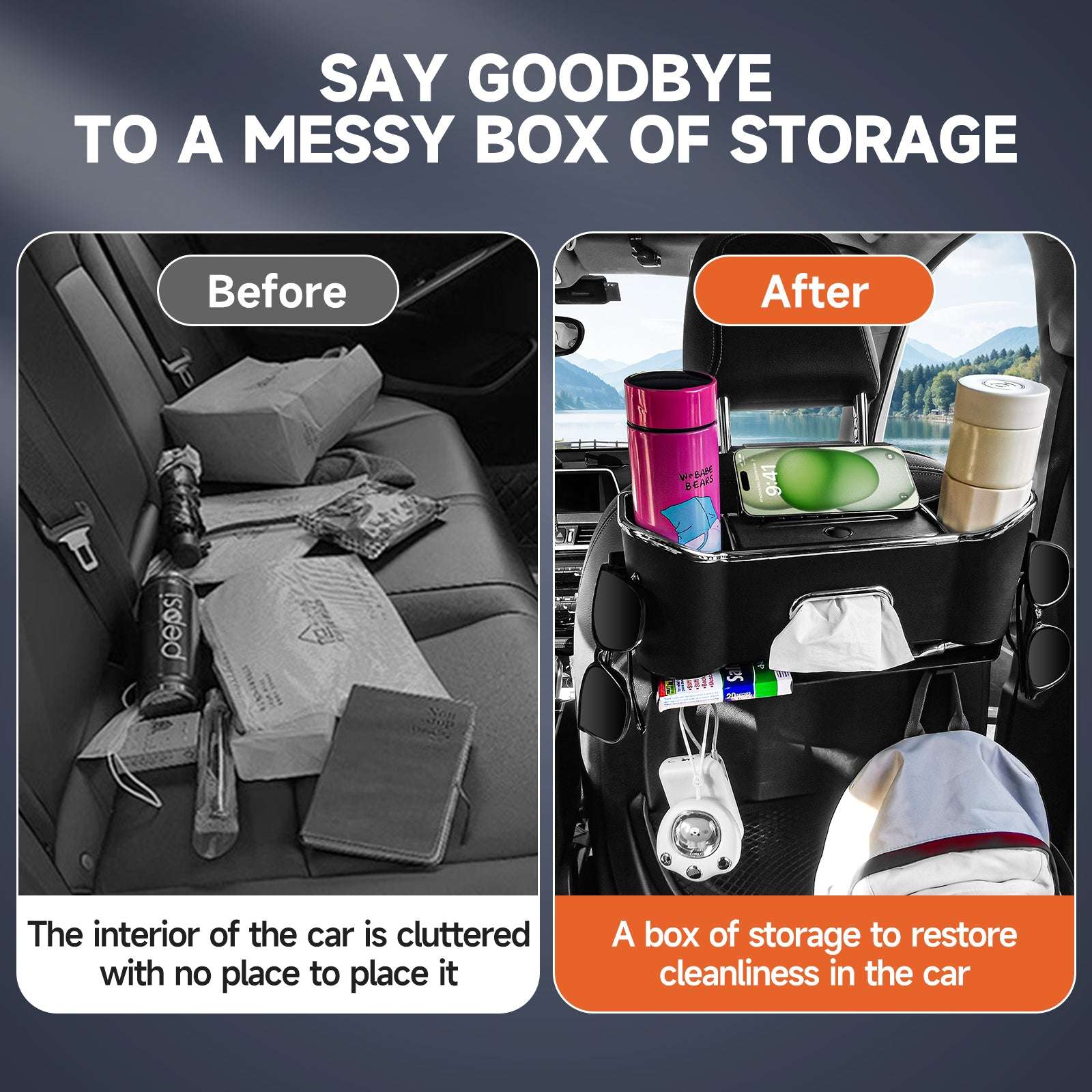 Car Seat Back Storage Box, Multifunctional Headrest Backseat Organizer with Tissue Box