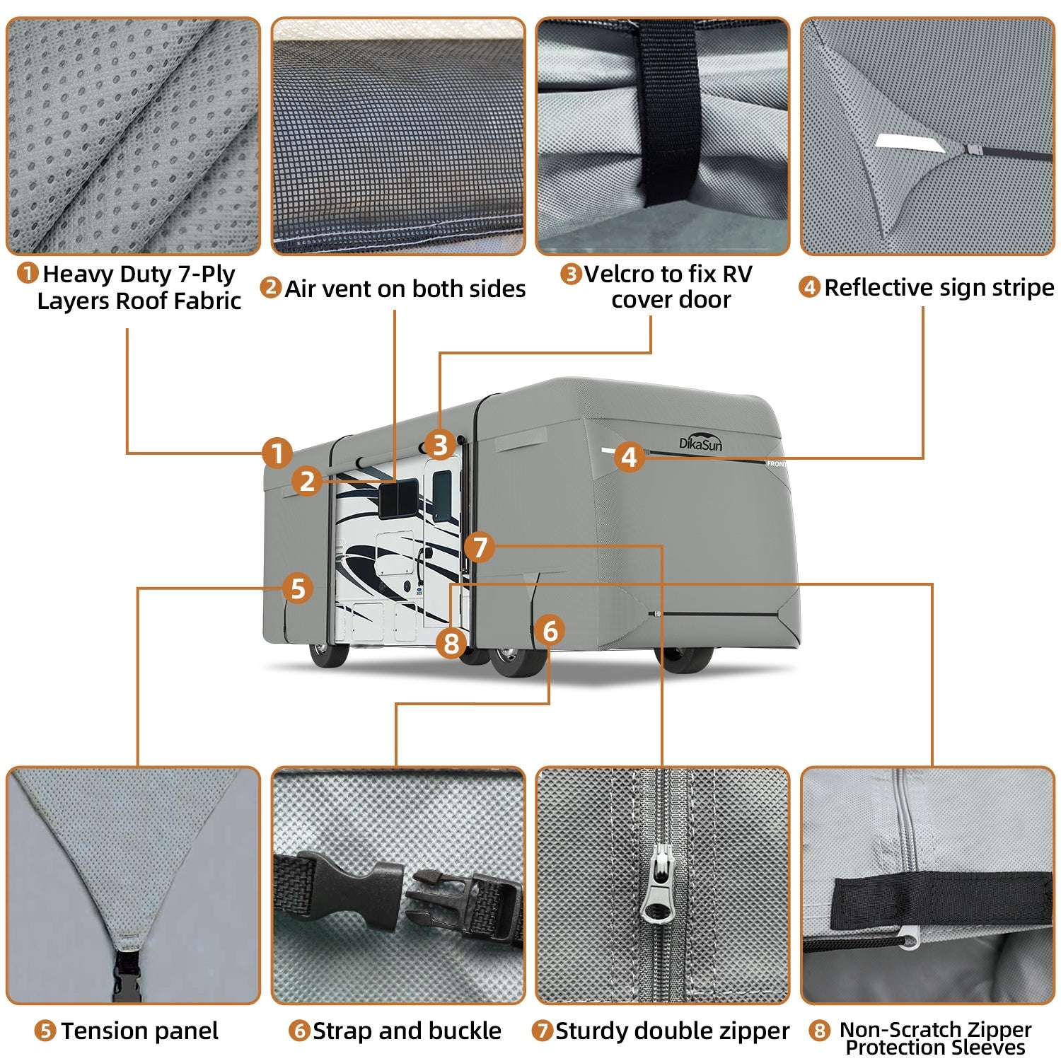 DikaSun 7 Layers Class A RV Cover Heavy Duty Anti-UV Waterproof Windproof Breathable Class A Motorhome