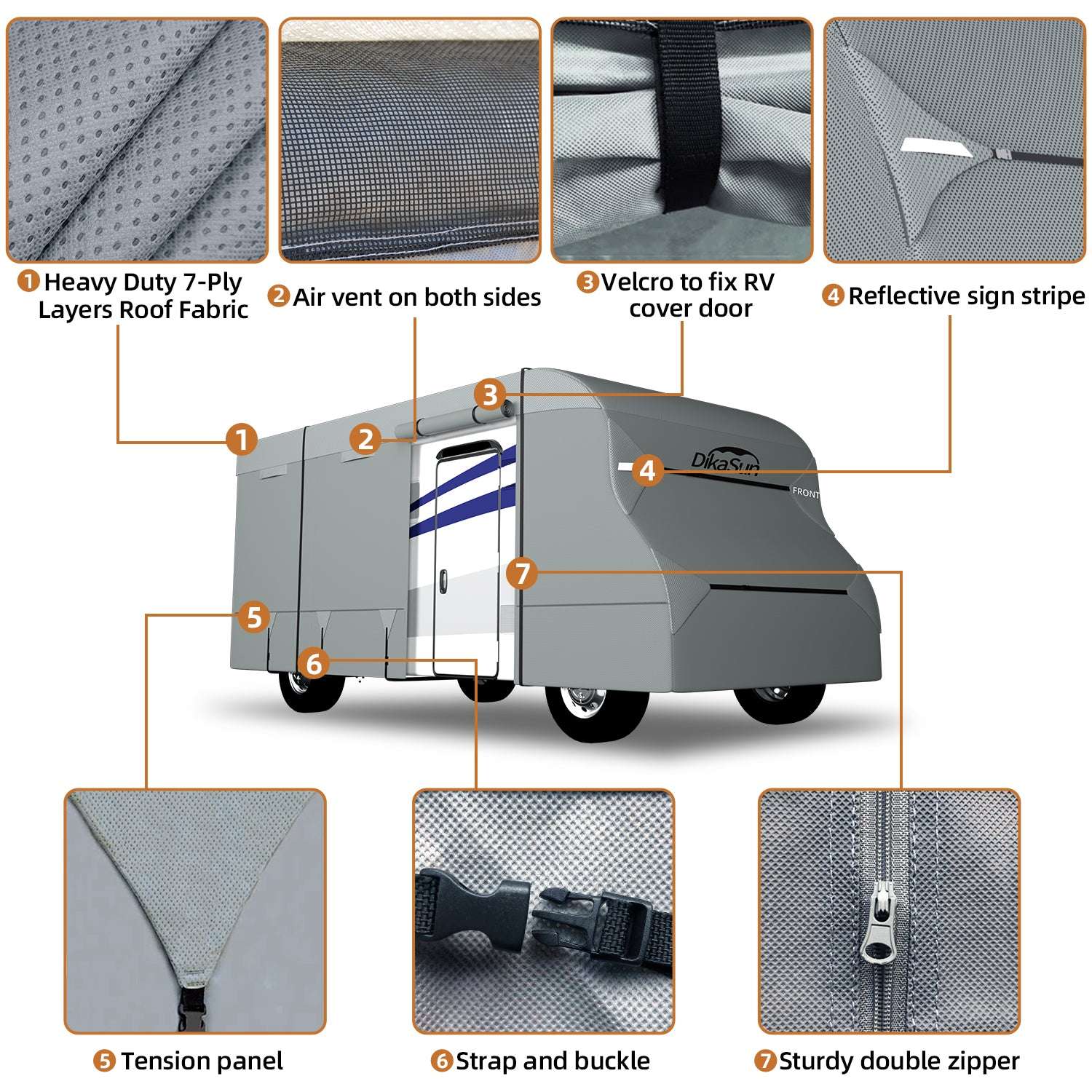 DikaSun 7 Layers Top Class C RV Cover Upgraded Tear Resistant Breathable Waterproof Ripstop Anti-UV Class C Camper RV Cover