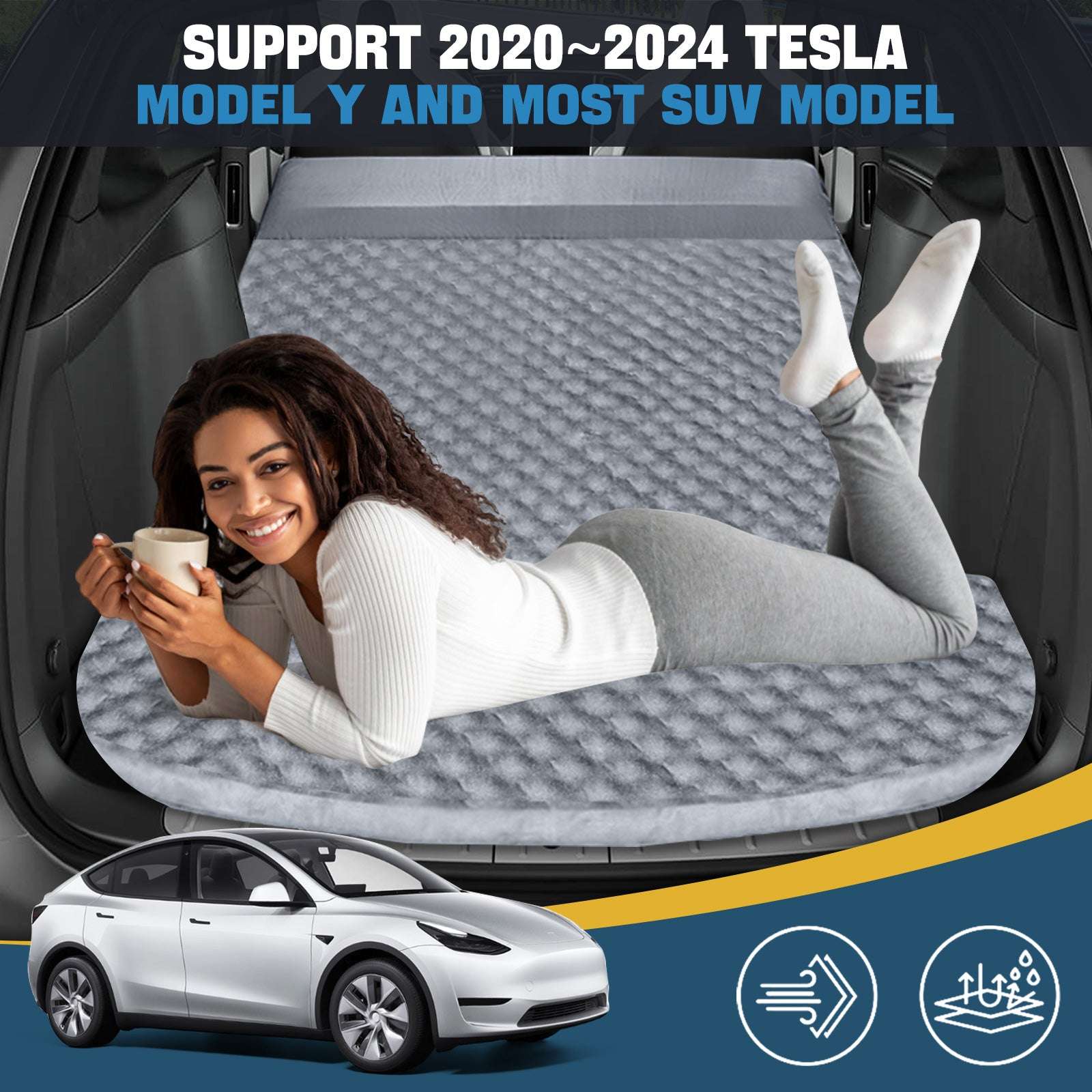 Tesla Model Y Mattress: Self-Inflating Memory Foam Bed Air Mattress for Model Y, Thickened Travel Camping SUV Sleeping Pad with Storage Bag,Grey