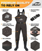 DikaSun Lightweight Bootfoot Chest Waders with Boots — Men & Women Fishing Waders for Duck Hunting & Fly Fishing (US Sizes, Brown)