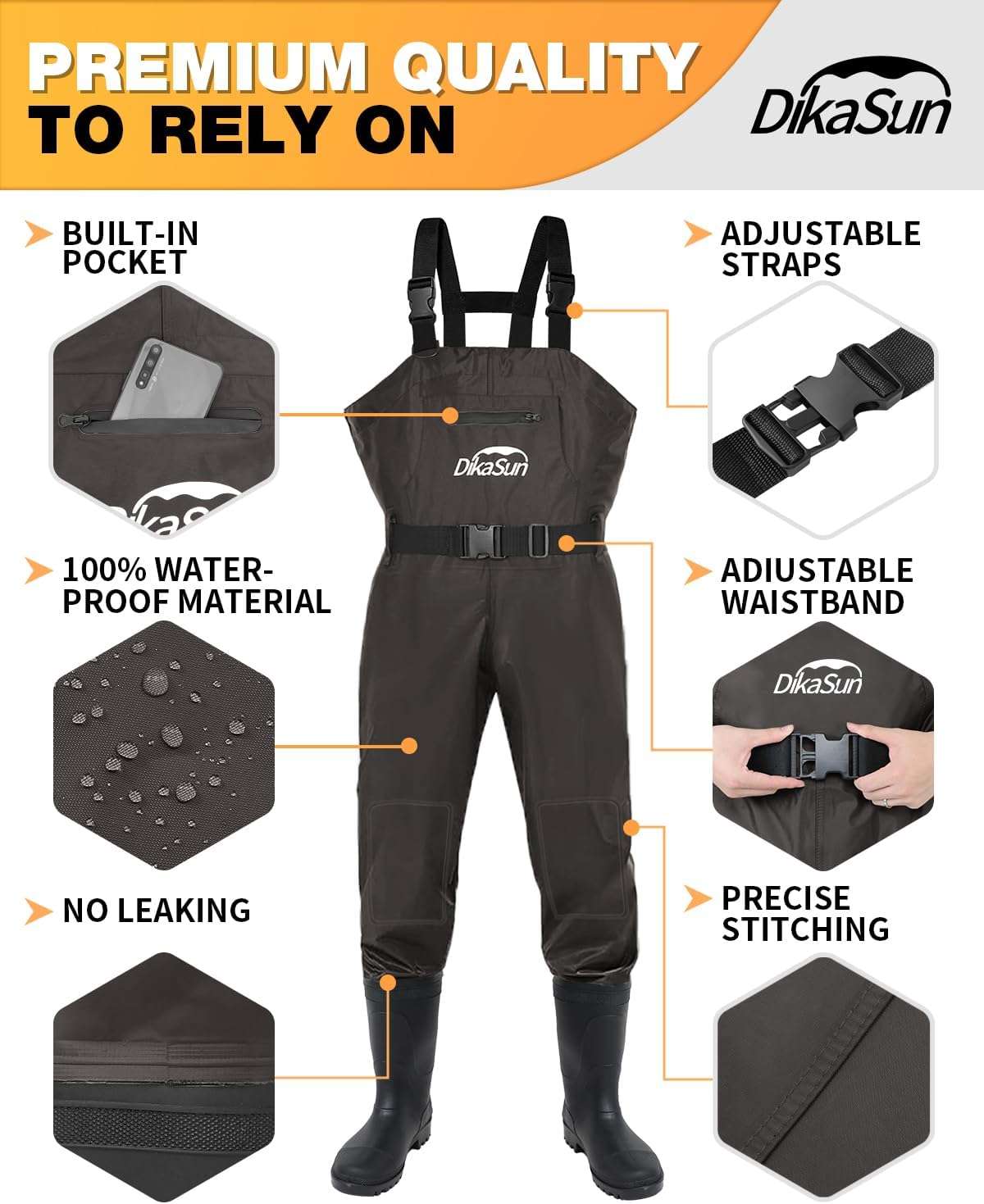 DikaSun Lightweight Bootfoot Chest Waders with Boots — Men & Women Fishing Waders for Duck Hunting & Fly Fishing (US Sizes, Brown)