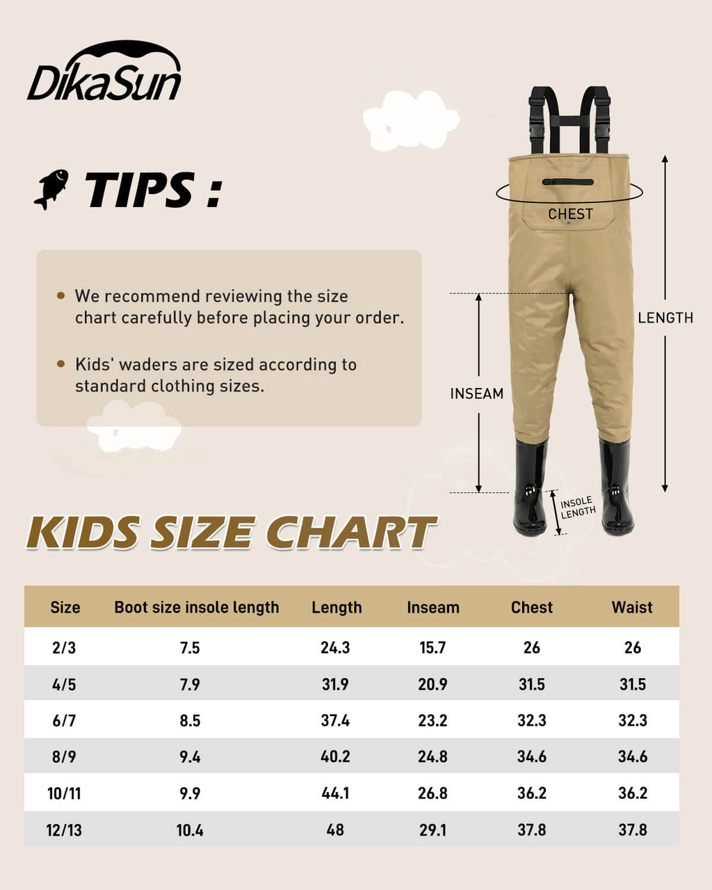 Brown Children Youth Kids Fishing Hunting Chest Wader with Boots