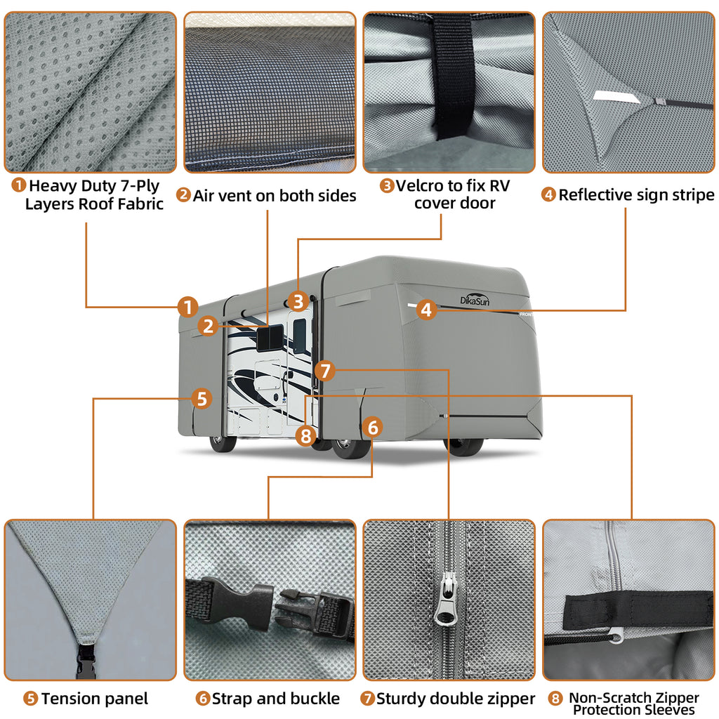 DikaSun 7 Layers Class A RV Cover Heavy Duty Anti-UV Waterproof Windproof Breathable Class A Motorhome