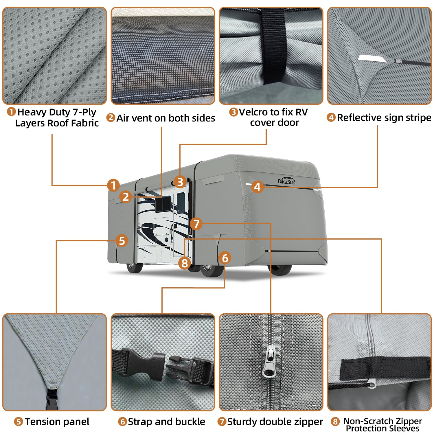 DikaSun 7 Layers Class A RV Cover Heavy Duty Anti-UV Waterproof Windproof Breathable Class A Motorhome