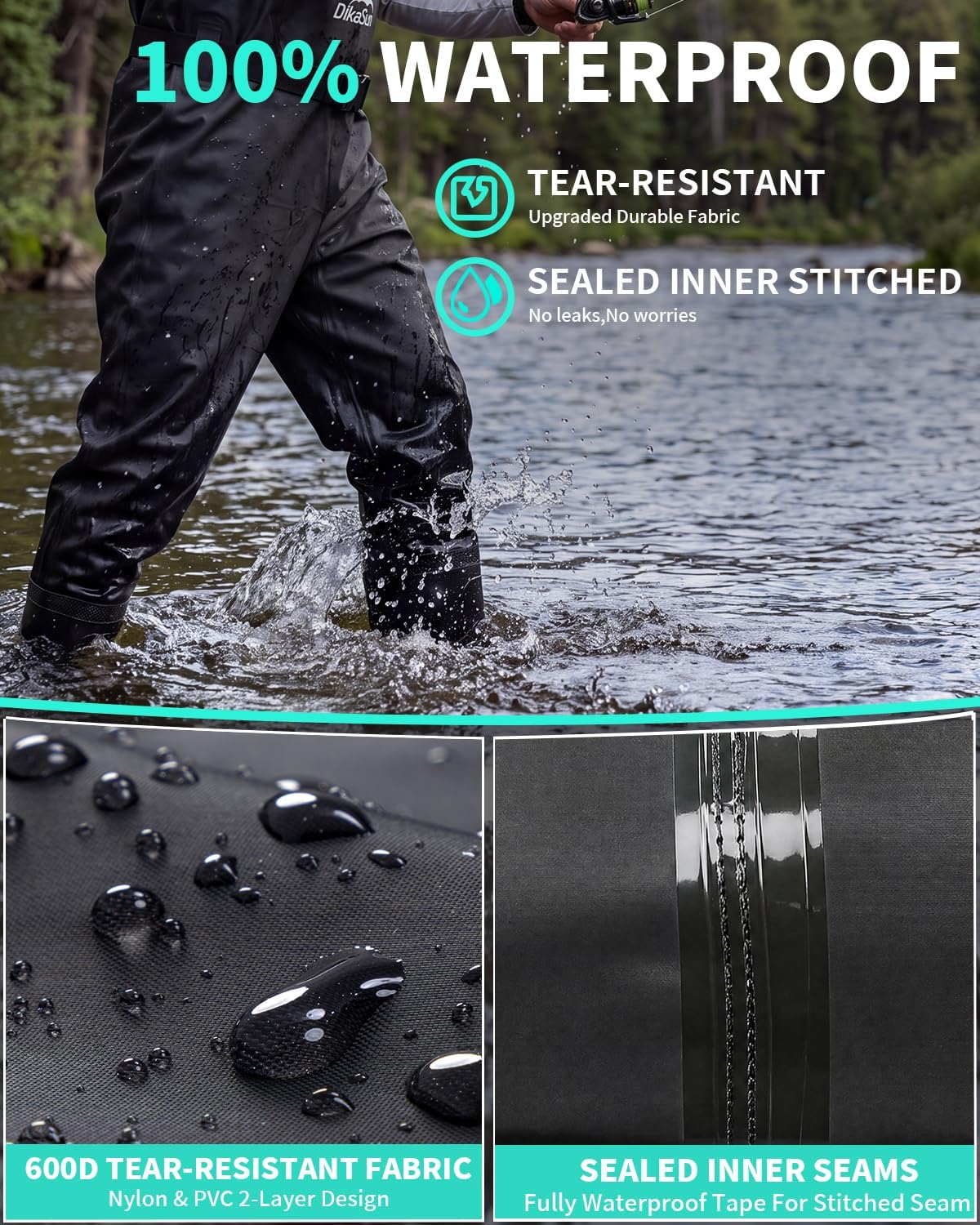 Fishing Waders for Men & Women, Waterproof Bootfoot Chest Waders 600D 2-Ply Nylon/PVC, Lightweight Waders for Garden & Farm, Anti-Slip Built-in Boots, Adjustable Suspenders, Boot Hanger