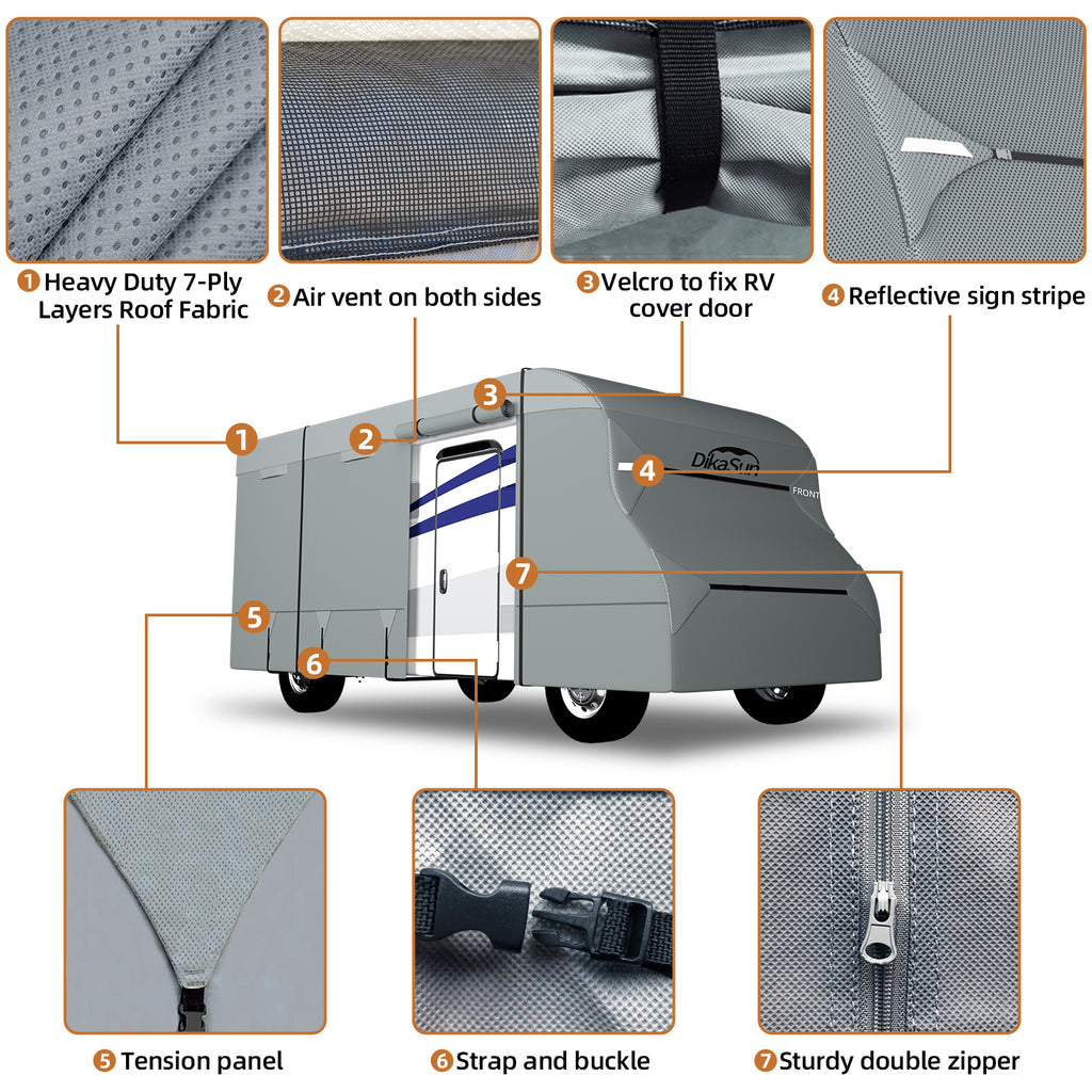 DikaSun 7 Layers Top Class C RV Cover Upgraded Tear Resistant Breathable Waterproof Ripstop Anti-UV Class C Camper RV Cover