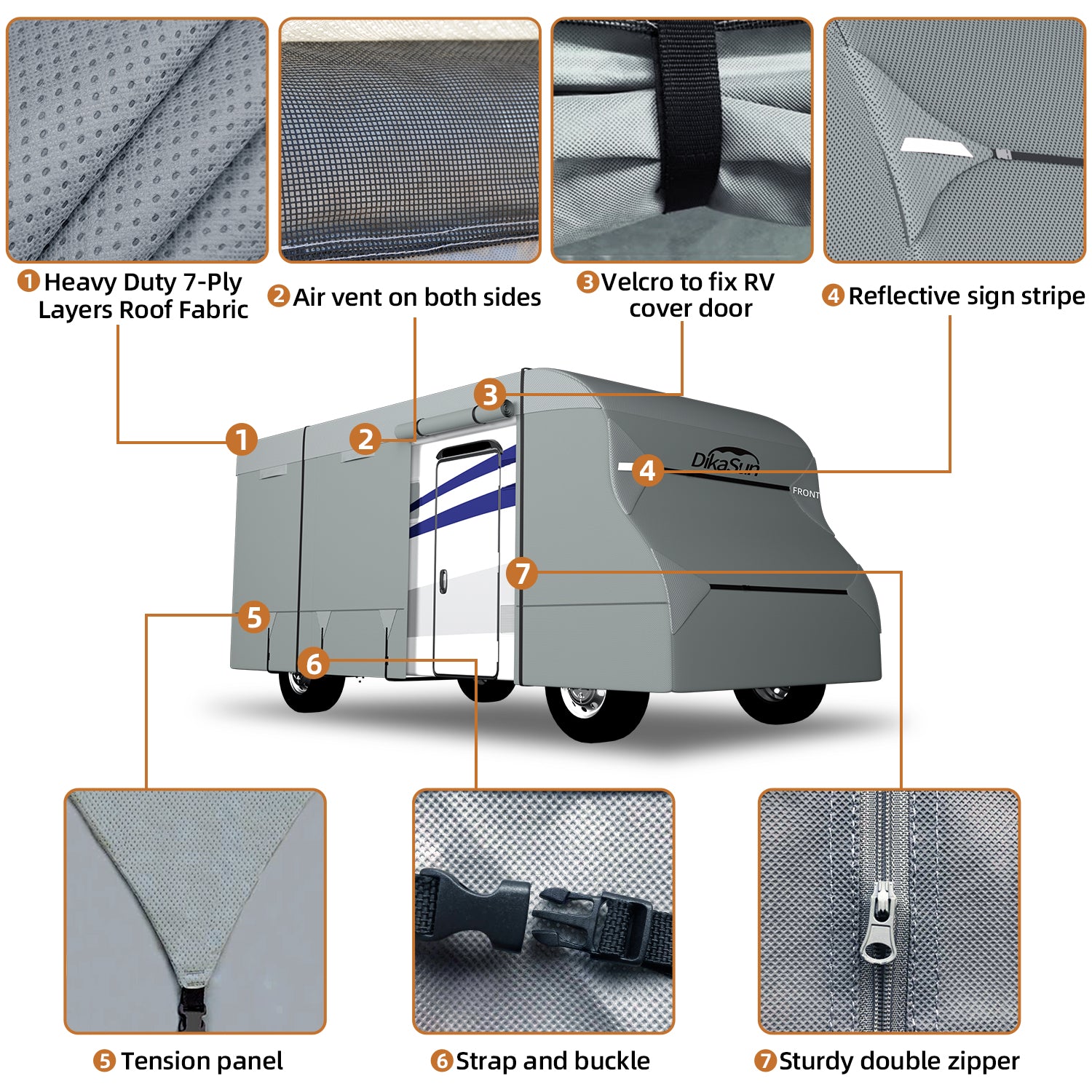 DikaSun 7 Layers Top Class C RV Cover Upgraded Tear Resistant Breathable Waterproof Ripstop Anti-UV Class C Camper RV Cover