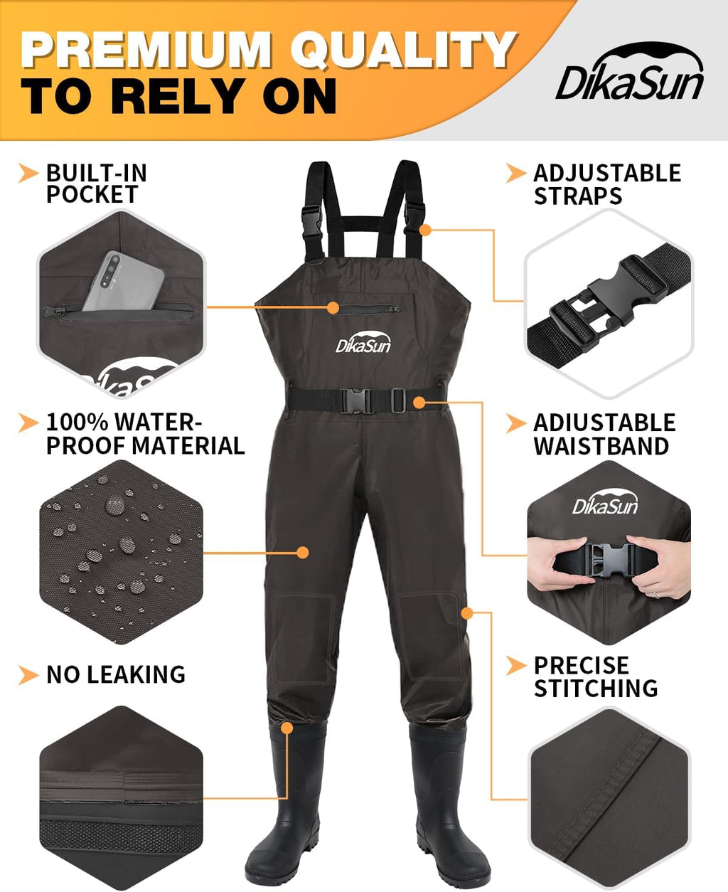 DikaSun Waterproof Fishing Waders for Men Women,Chest Wader with Boots for Duck Hunting & Fly Fishing| Lightweight Bootfoot Waders,US Size,Brown