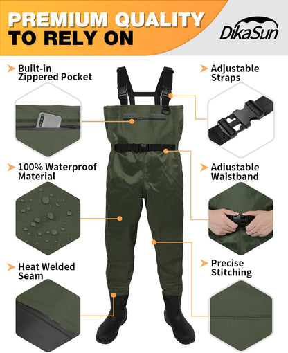 DikaSun Waterproof Fishing Waders for Men Women,Chest Wader with Boots for Duck Hunting & Fly Fishing| Lightweight Bootfoot Waders,US Size,Dark Green