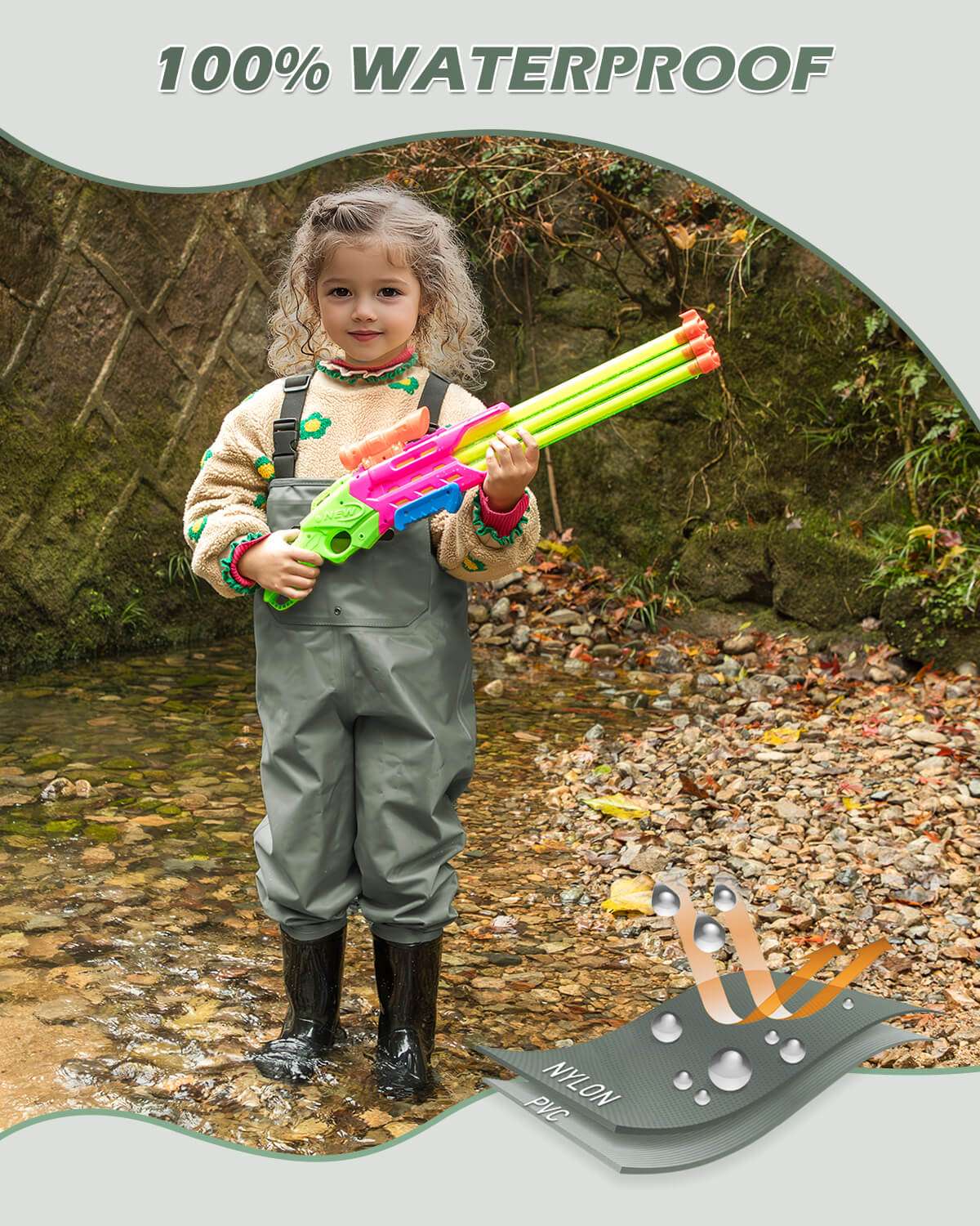 Green Children Youth Kids Fishing Hunting Chest Wader with Boots