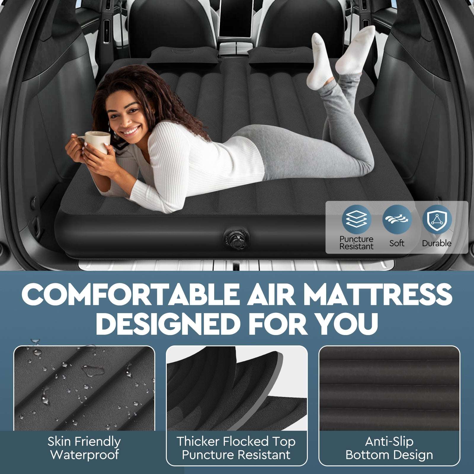 Tesla Model Y Mattress: Inflatable Camping Bed Air Mattress for Model Y, Thickened Travel SUV Sleeping Pad with Car Air Pump 2 Pillows