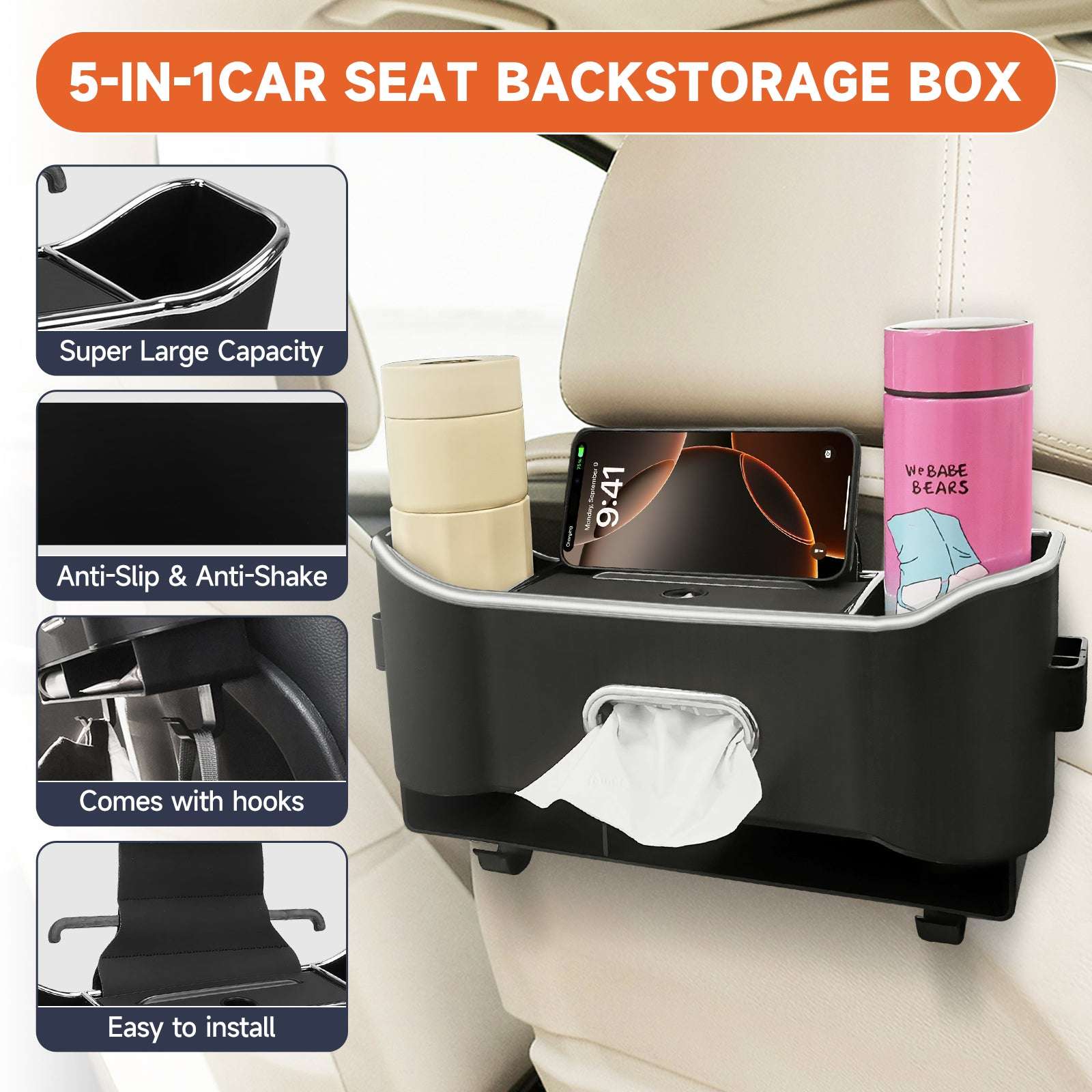 Car Seat Back Storage Box, Multifunctional Headrest Backseat Organizer with Tissue Box