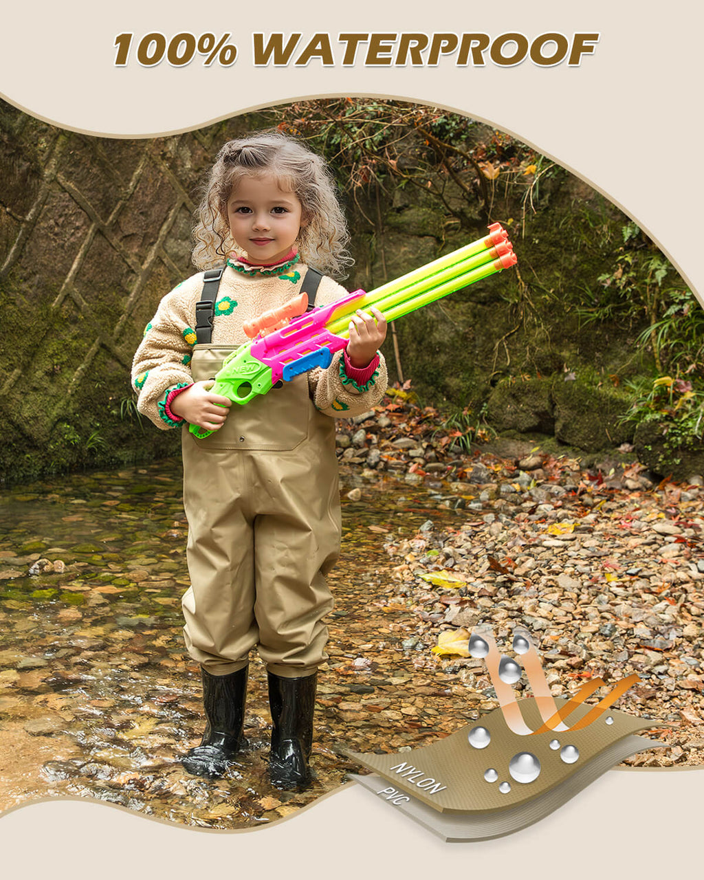 Brown Children Youth Kids Fishing Hunting Chest Wader with Boots