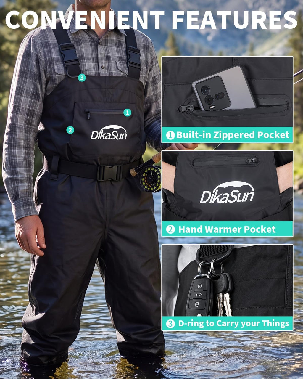 Fishing Waders for Men & Women, Waterproof Bootfoot Chest Waders 600D 2-Ply Nylon/PVC, Lightweight Waders for Garden & Farm, Anti-Slip Built-in Boots, Adjustable Suspenders, Boot Hanger