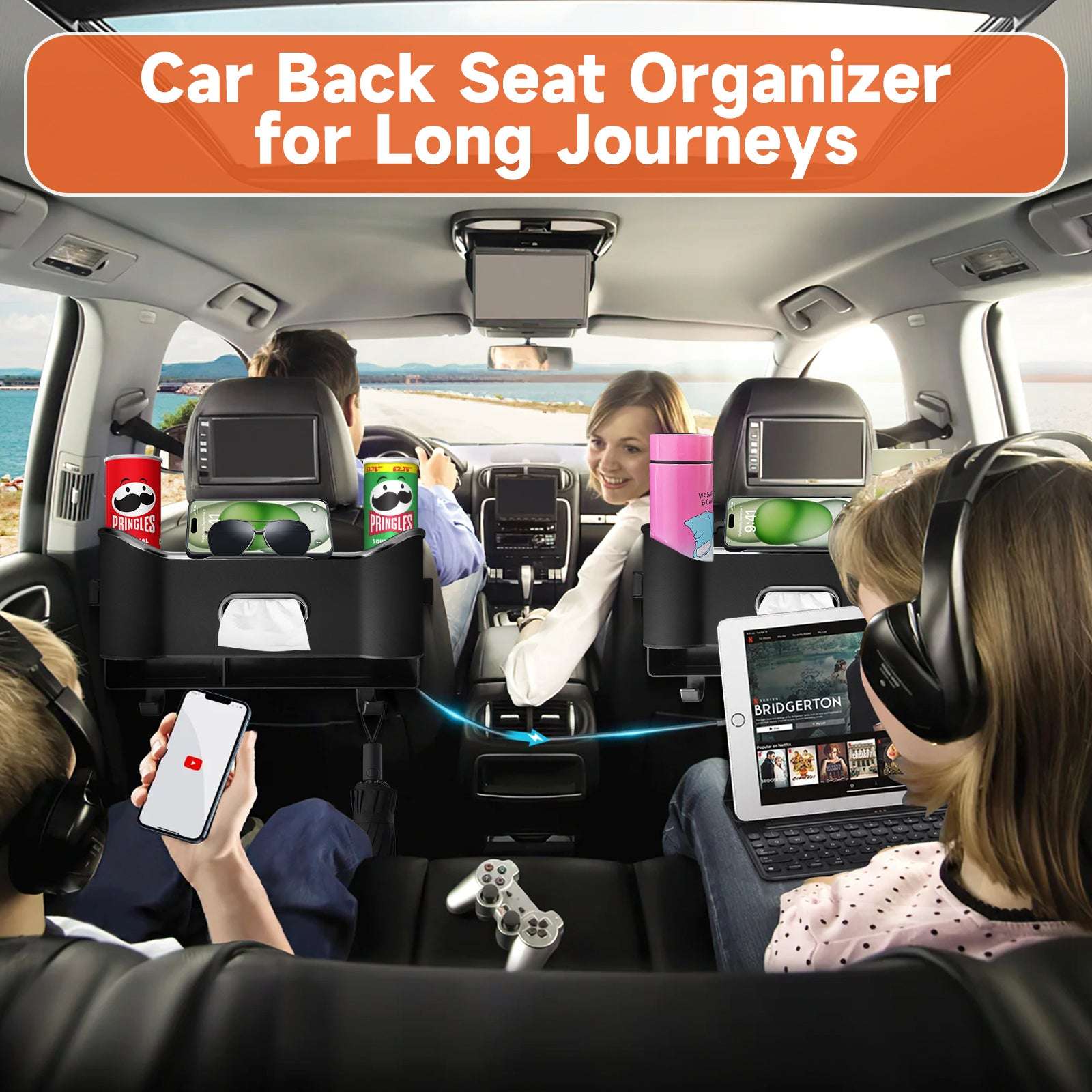 Car Seat Back Storage Box, Multifunctional Headrest Backseat Organizer with Tissue Box