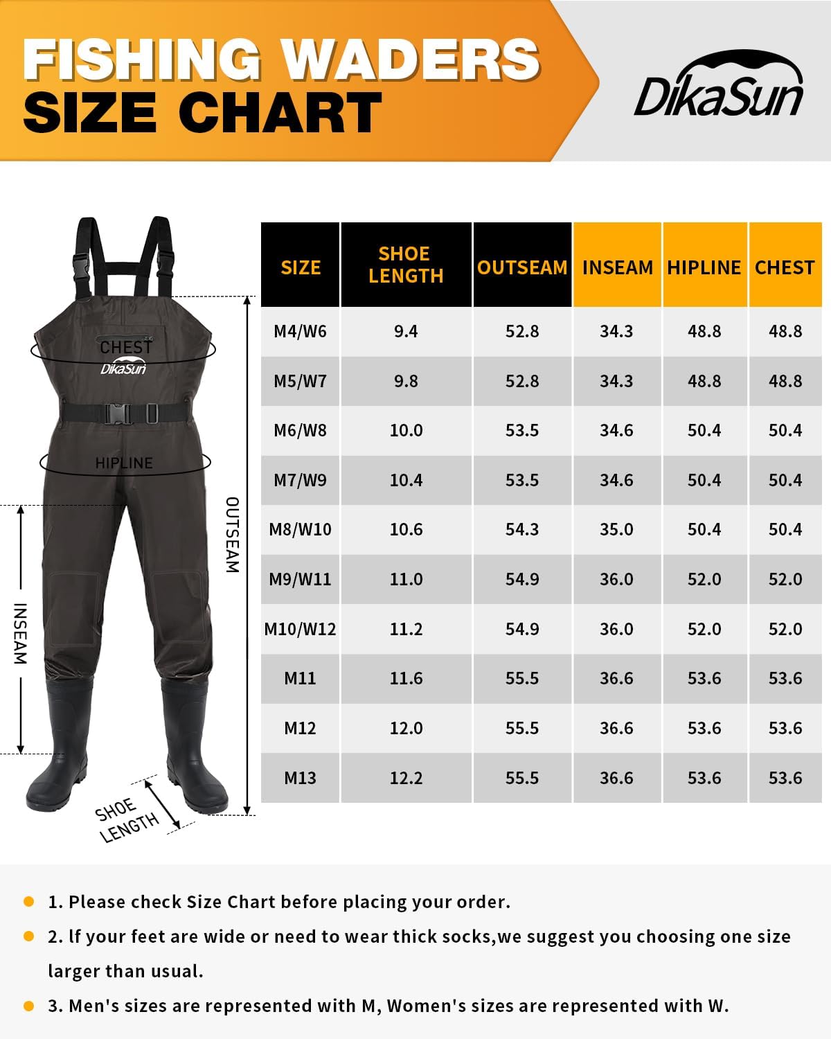 DikaSun Lightweight Bootfoot Chest Waders with Boots — Men & Women Fishing Waders for Duck Hunting & Fly Fishing (US Sizes, Brown)