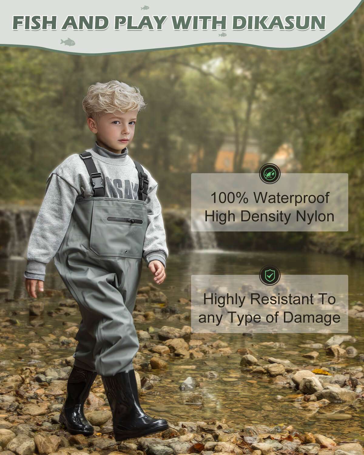 Green Children Youth Kids Fishing Hunting Chest Wader with Boots