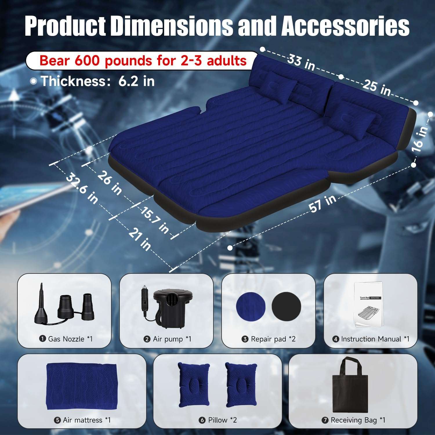 DikaSun SUV Air Mattress Upgraded Flocking and Extra Thick Oxford Surface Sleeping Bed for with Electric Pump,3M Charging Cable, Navy