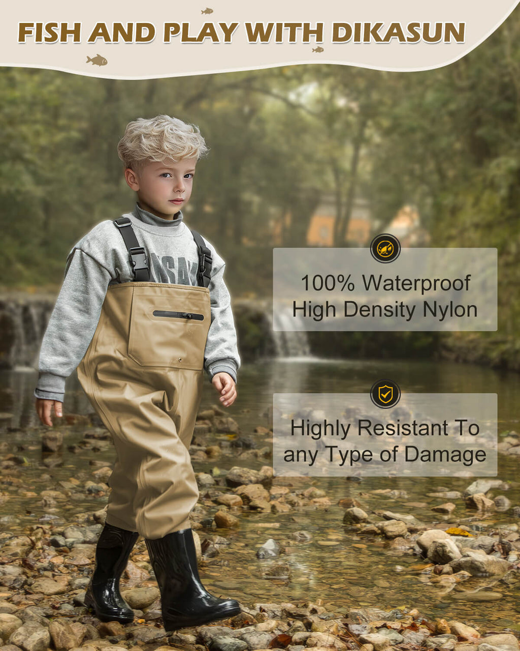 Brown Children Youth Kids Fishing Hunting Chest Wader with Boots