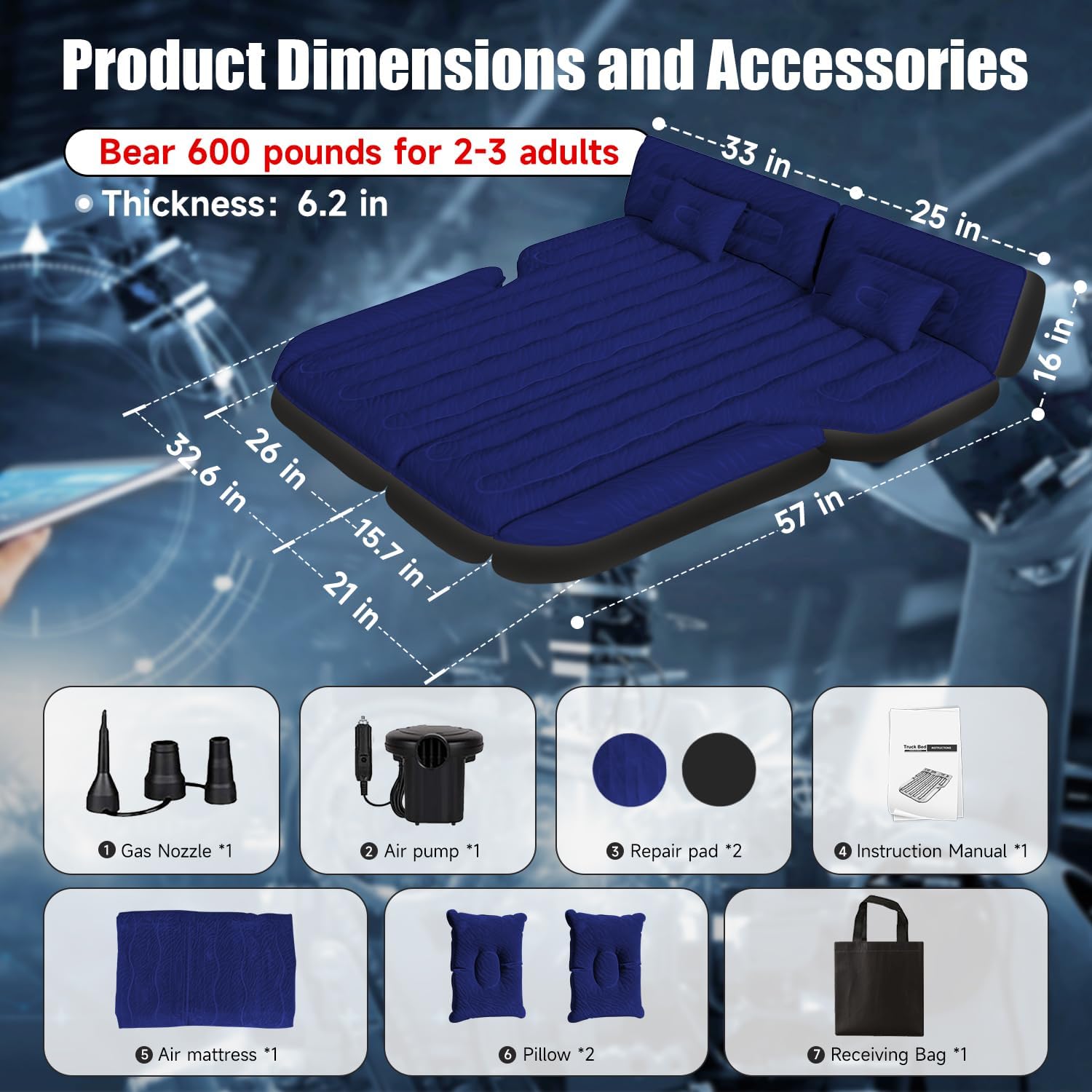 DikaSun SUV Air Mattress Upgraded Flocking and Extra Thick Oxford Surface Sleeping Bed for with Electric Pump,3M Charging Cable, Navy