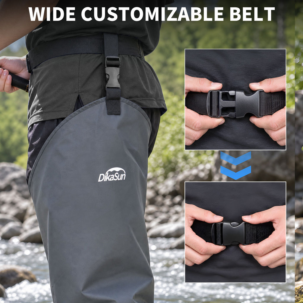 DikaSun Stockingfoot Hip Waders for Fishing 6mm Neoprene Booties, Reinforced Waterproof Upper, Taped Seams, Gravel Guards, Quick Release Locking Buckles