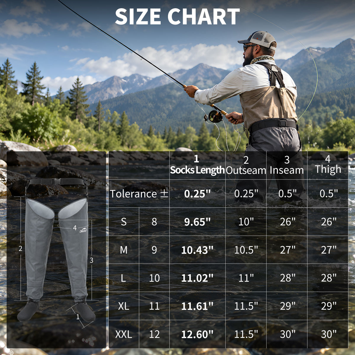 DikaSun Stockingfoot Hip Waders for Fishing 6mm Neoprene Booties, Reinforced Waterproof Upper, Taped Seams, Gravel Guards, Quick Release Locking Buckles