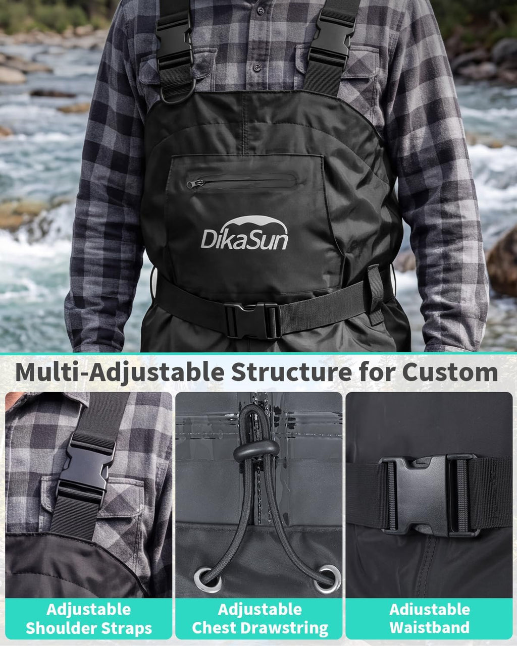 Fishing Waders for Men & Women, Waterproof Bootfoot Chest Waders 600D 2-Ply Nylon/PVC, Lightweight Waders for Garden & Farm, Anti-Slip Built-in Boots, Adjustable Suspenders, Boot Hanger