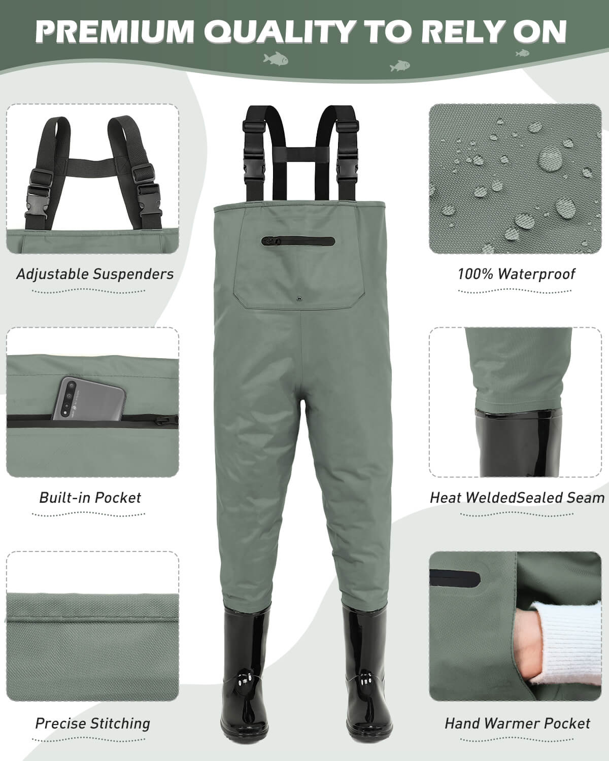 Green Children Youth Kids Fishing Hunting Chest Wader with Boots