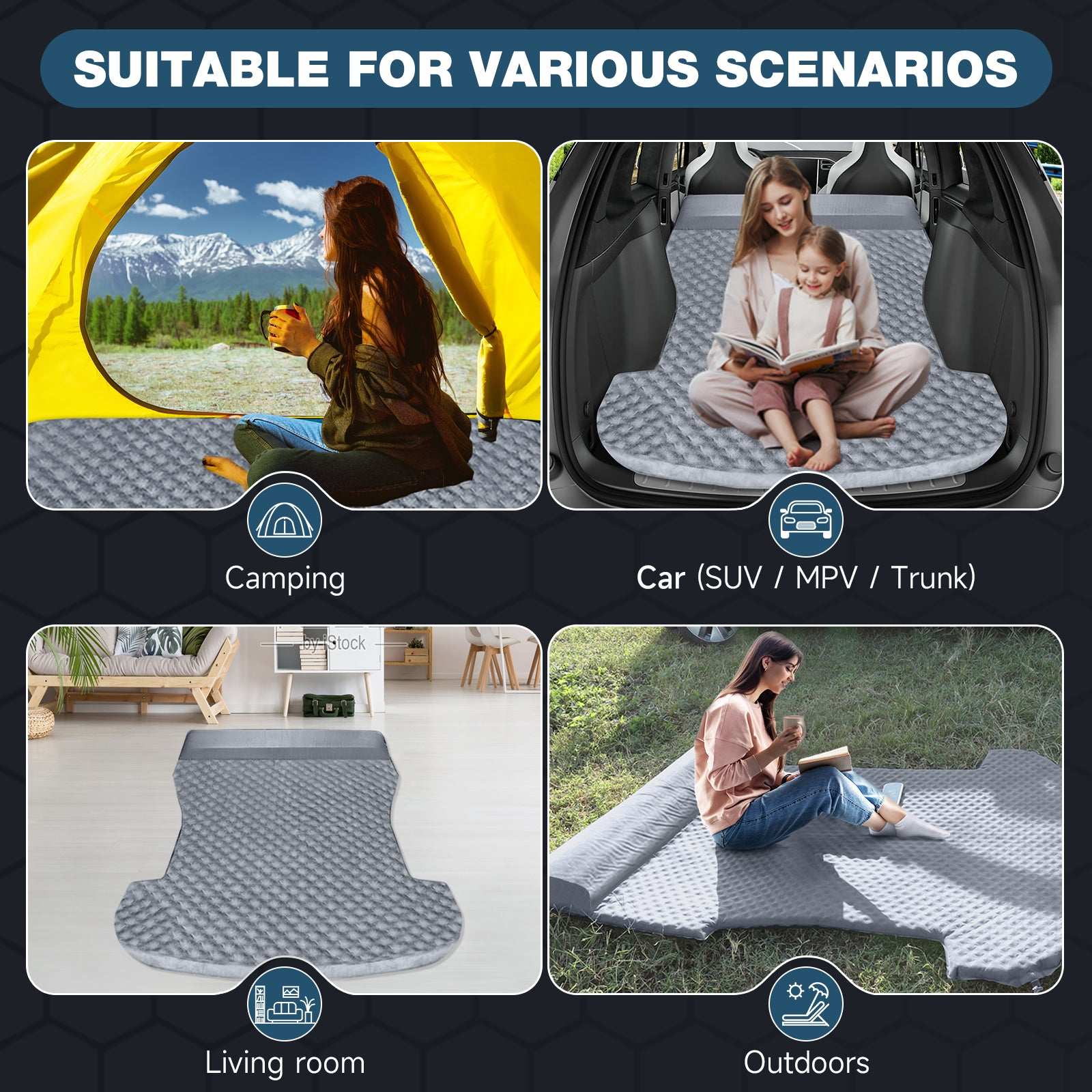Tesla Model Y Mattress: Self-Inflating Memory Foam Bed Air Mattress for Model Y, Thickened Travel Camping SUV Sleeping Pad with Storage Bag,Grey