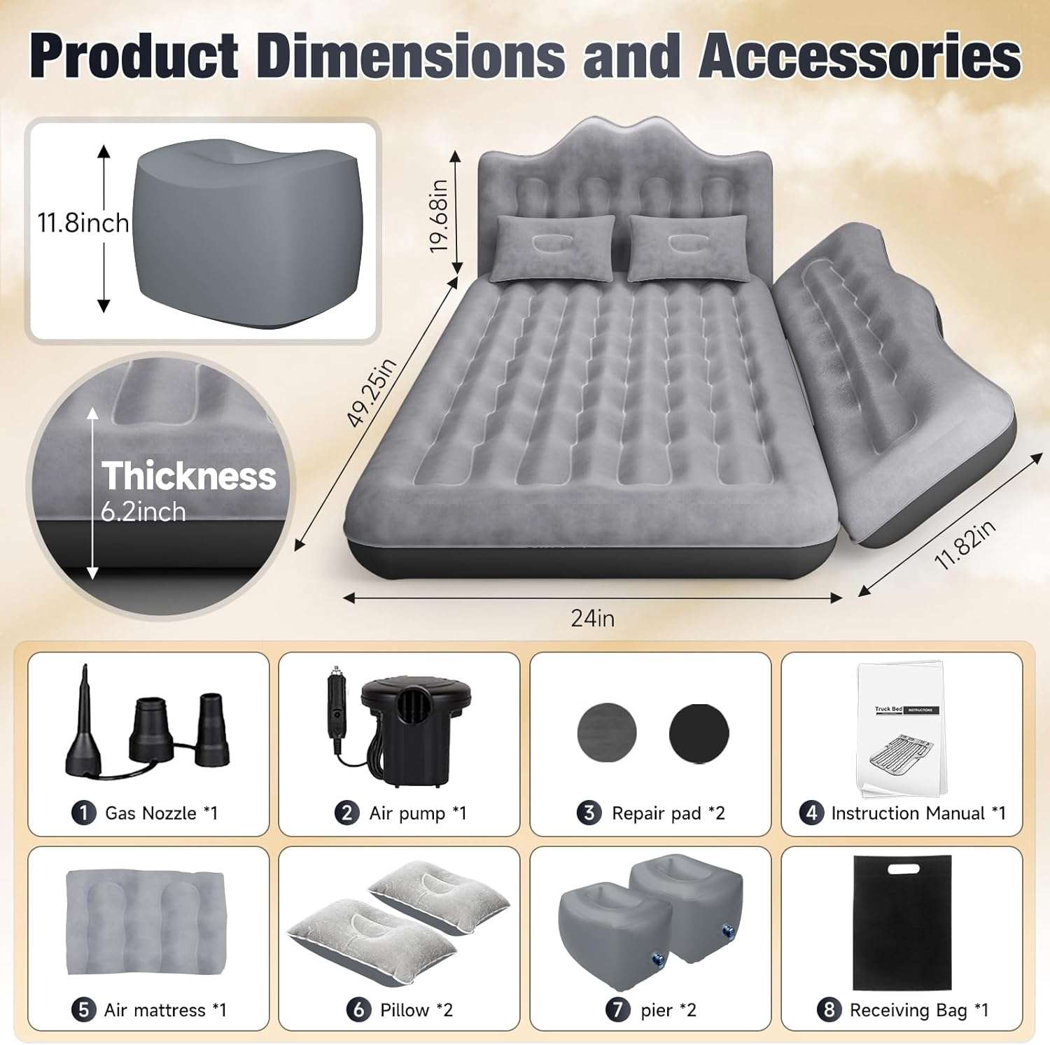 Thicken Backseat SUV/Car/Truck Air Mattress Air Bed Inflatable SUV Truck Mattress -24'' Width/Grey