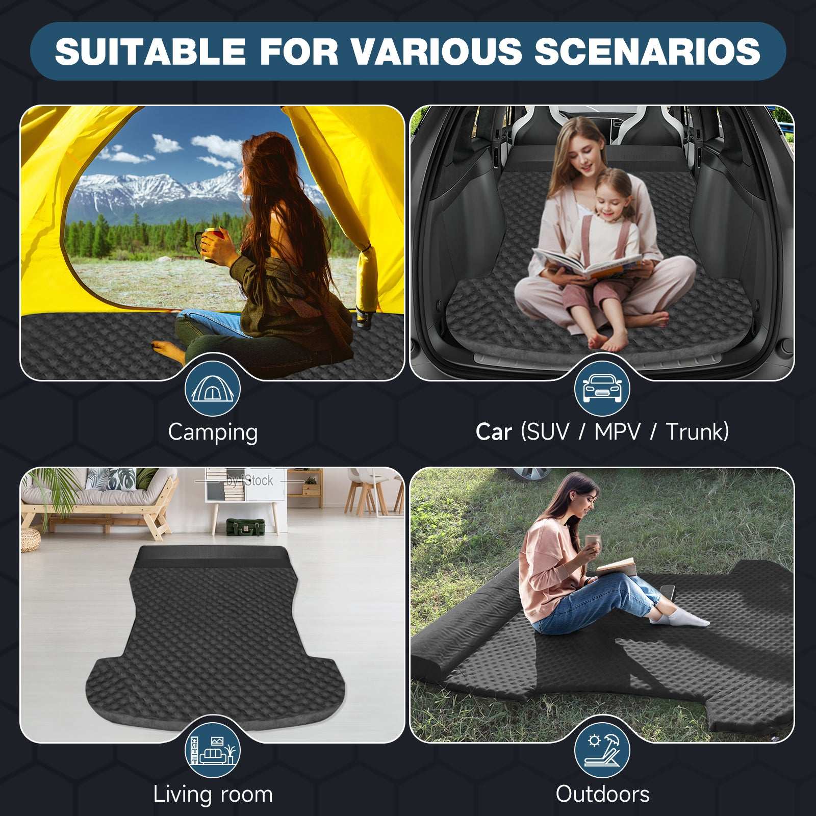 Tesla Model Y Mattress: Self-Inflating Memory Foam Bed Air Mattress for Model Y, Thickened Travel Camping SUV Sleeping Pad with Storage Bag,Black