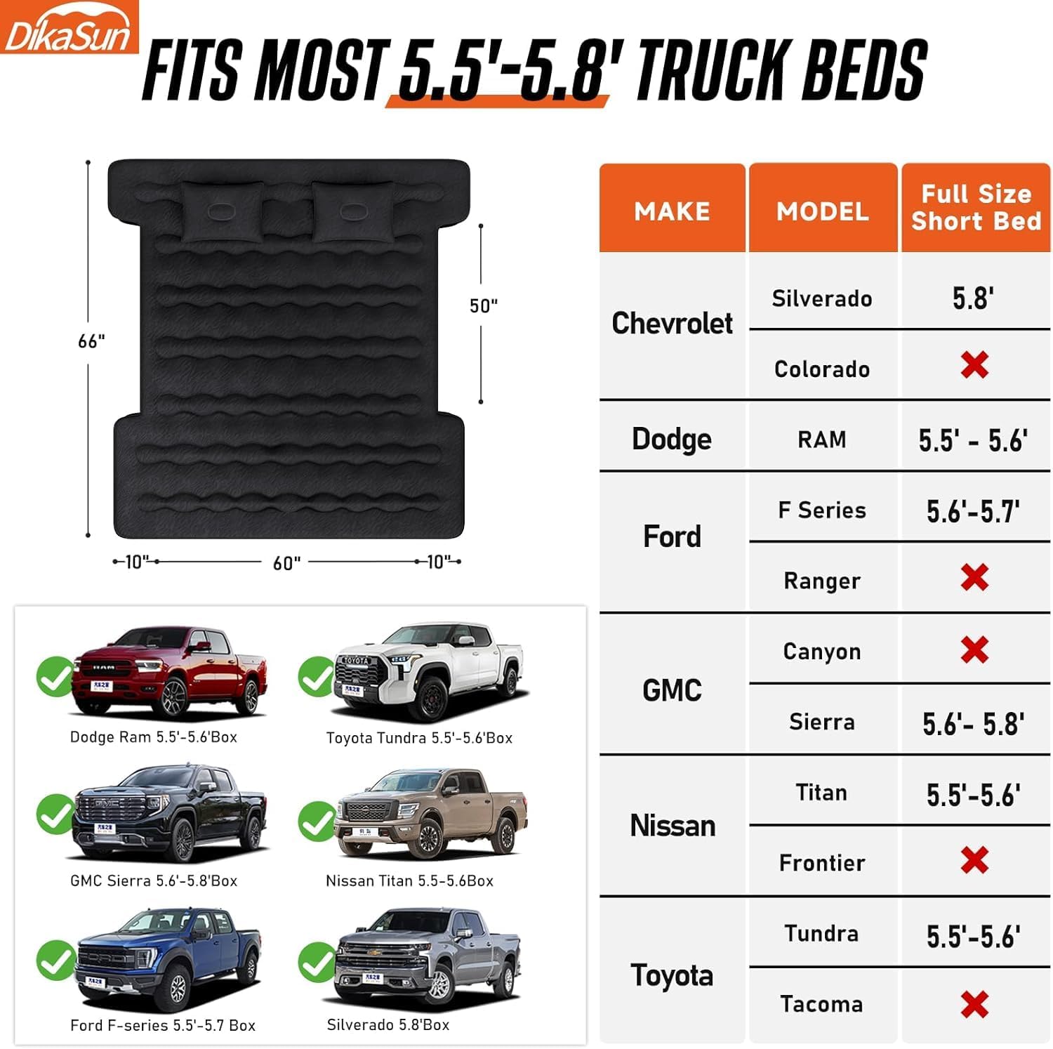 DikaSun 5.5-5.8 Ft Full Size Pickup Truck Bed Air Mattres,Grey