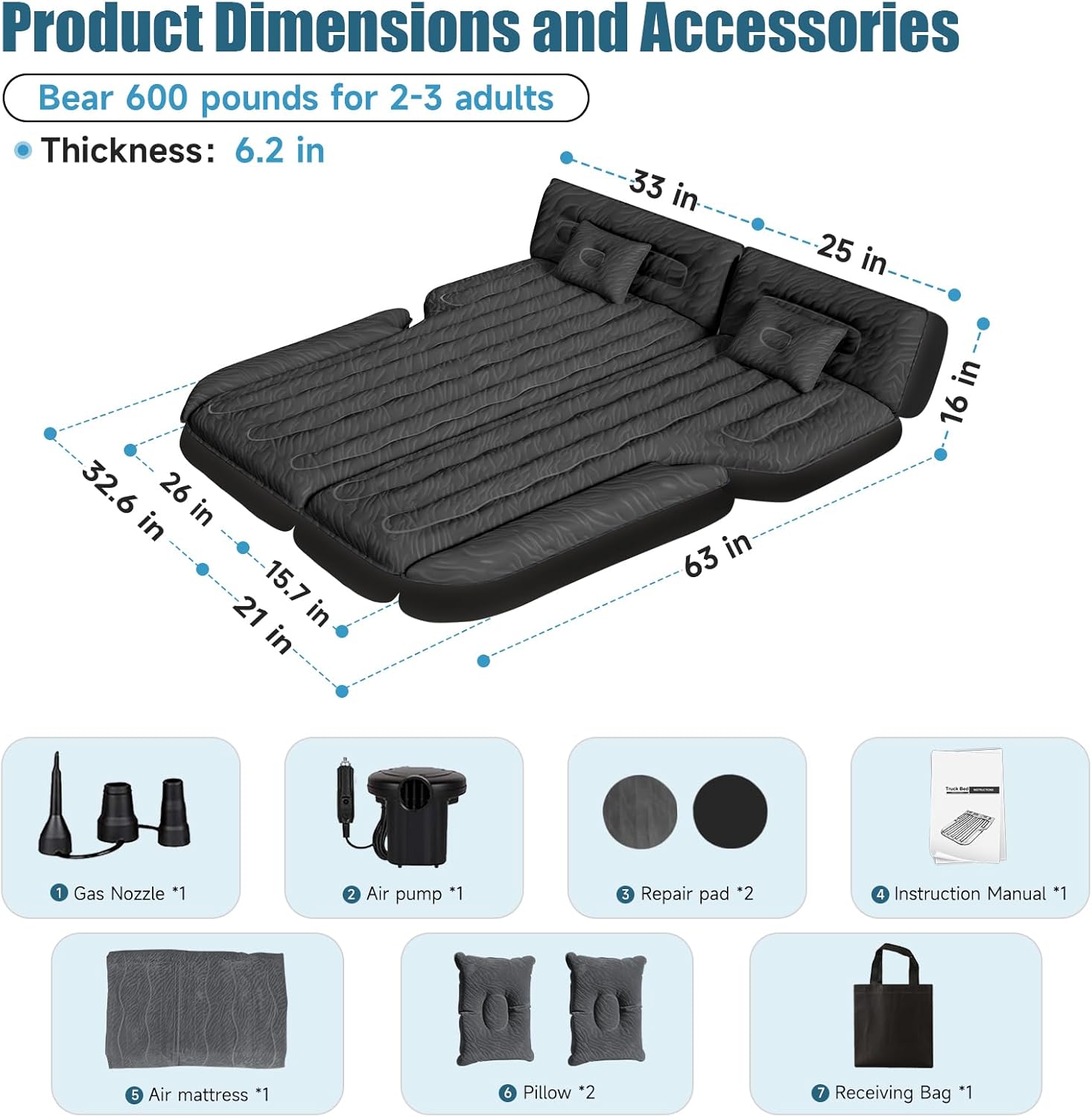 DikaSun 63in Extended SUV Mattress — Quick Inflate, Includes Pump & 2 Pillows,Black