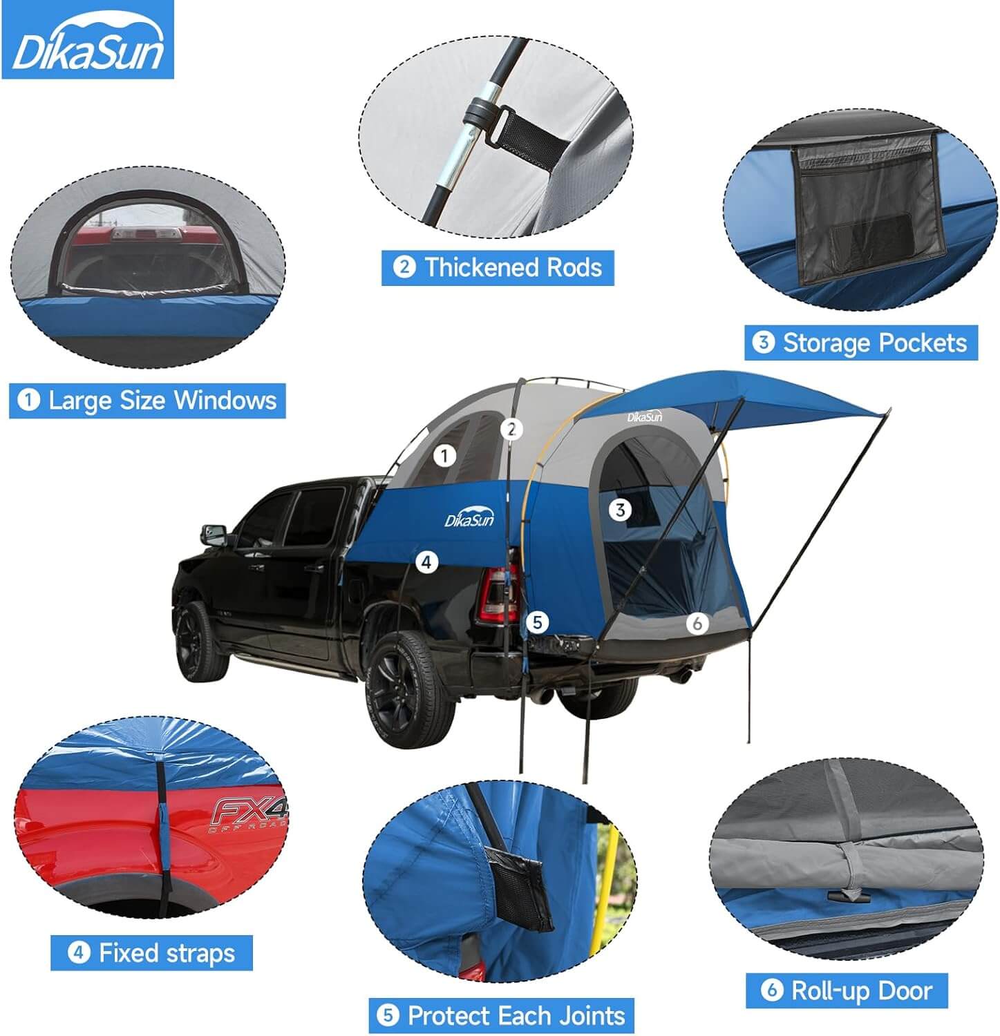 5.5-6.7ft Pickup Truck Bed Tent with Awining,Blue
