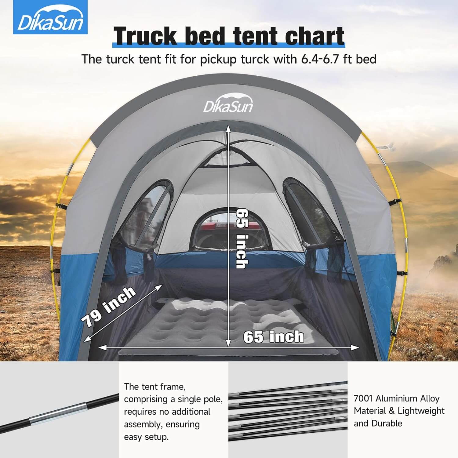 5.5-6.7ft Pickup Truck Bed Tent with Awining,Blue