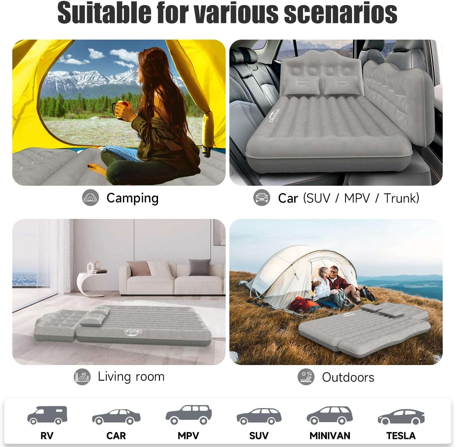 Thicken Backseat SUV/Car/Truck Air Mattress Air Bed Inflatable SUV Truck Mattress -35.4'' Width/Grey